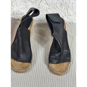 Celine Paris Leather Espadrille Wedge Heel Size 41 US 11 Black Peep Toe